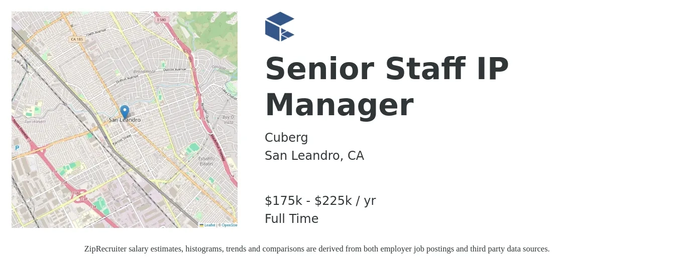 Cuberg job posting for a Senior Staff IP Manager in San Leandro, CA with a salary of $175,000 to $225,000 Yearly with a map of San Leandro location.