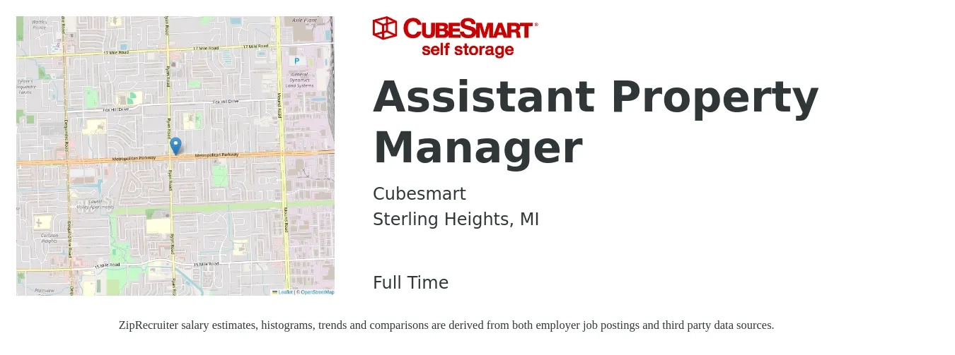 Cube Smart job posting for a Assistant Property Manager in Sterling Heights, MI with a salary of $17 to $24 Hourly with a map of Sterling Heights location.