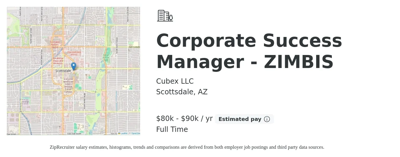 Cubex LLC job posting for a Corporate Success Manager - ZIMBIS in Scottsdale, AZ with a salary of $80,000 to $90,000 Yearly with a map of Scottsdale location.