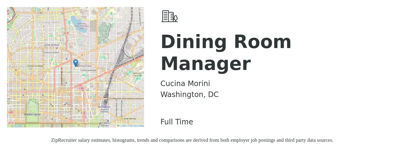 Cucina Morini job posting for a Dining Room Manager in Washington, DC with a salary of $21 to $36 Hourly with a map of Washington location.