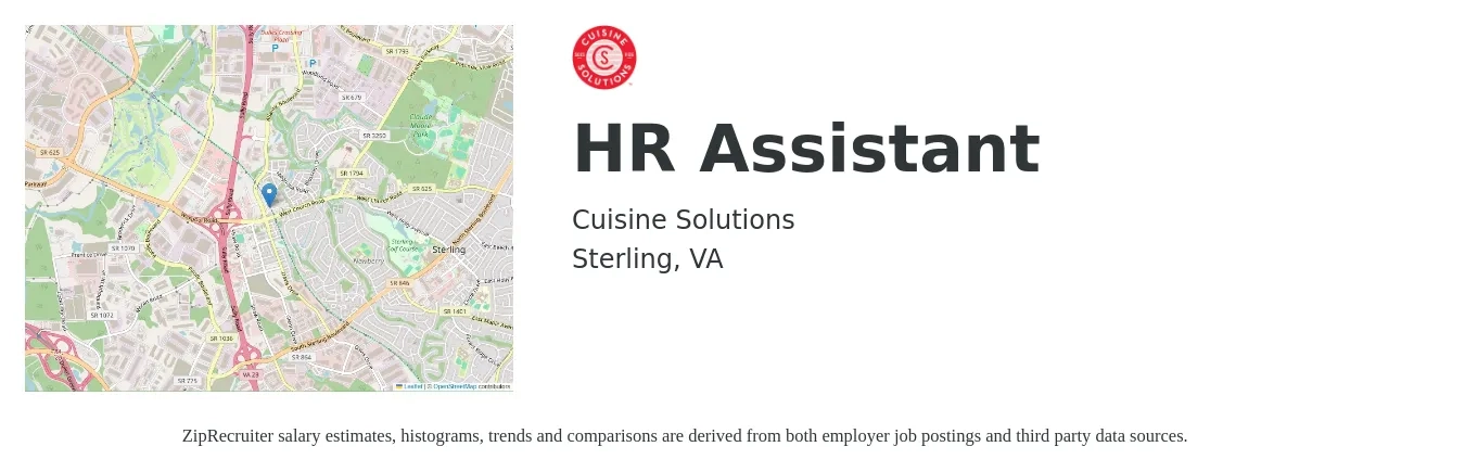 Cuisine Solutions job posting for a HR Assistant in Sterling, VA with a salary of $37,100 to $47,500 Yearly with a map of Sterling location.