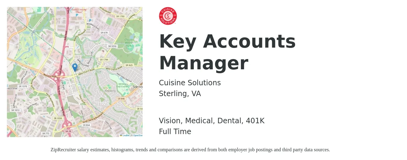 Cuisine Solutions job posting for a Key Accounts Manager in Sterling, VA with a salary of $72,300 to $109,900 Yearly and benefits including 401k, dental, life_insurance, medical, and vision with a map of Sterling location.