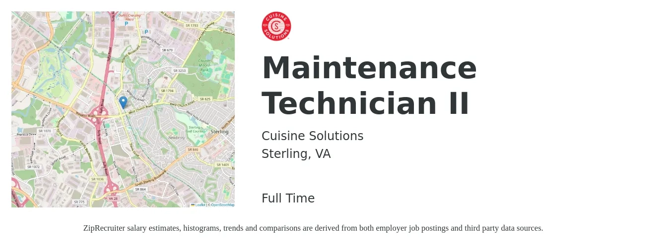 Cuisine Solutions job posting for a Maintenance Technician II in Sterling, VA with a salary of $19 to $28 Hourly with a map of Sterling location.