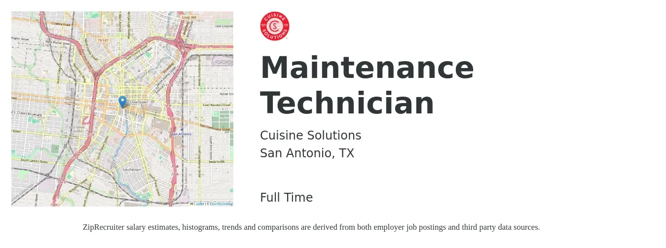 Cuisine Solutions job posting for a Maintenance Technician in San Antonio, TX with a salary of $16 to $22 Hourly with a map of San Antonio location.