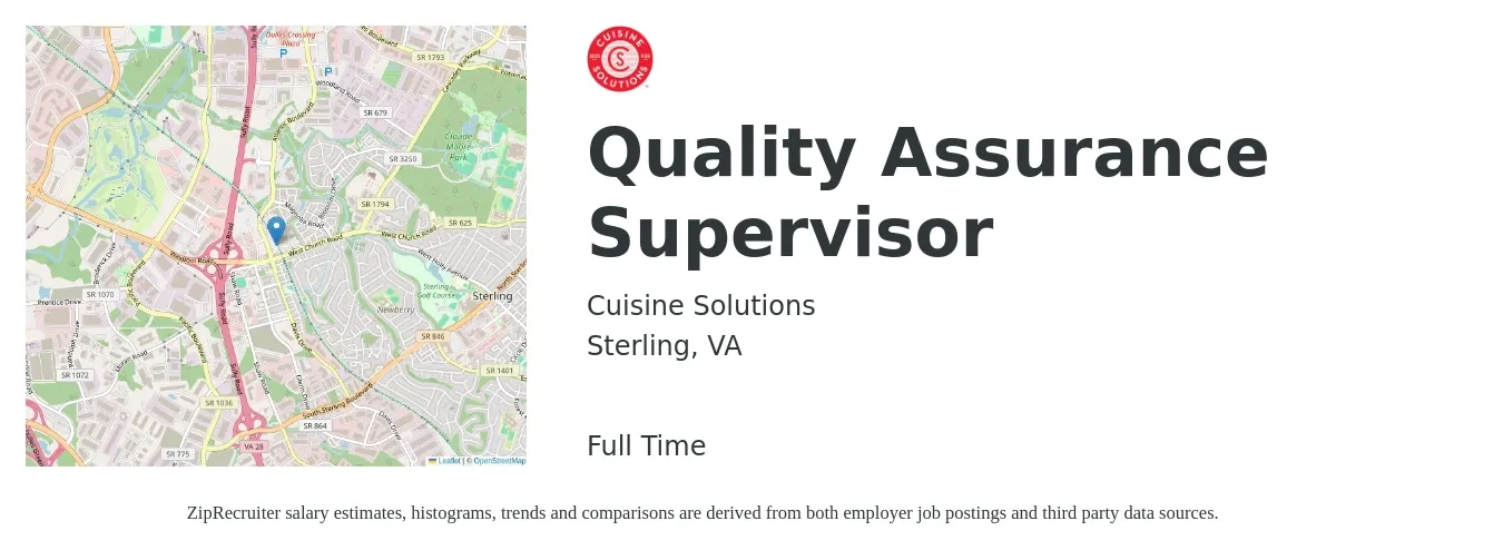 Cuisine Solutions job posting for a Quality Assurance Supervisor in Sterling, VA with a salary of $83,800 to $145,900 Yearly with a map of Sterling location.