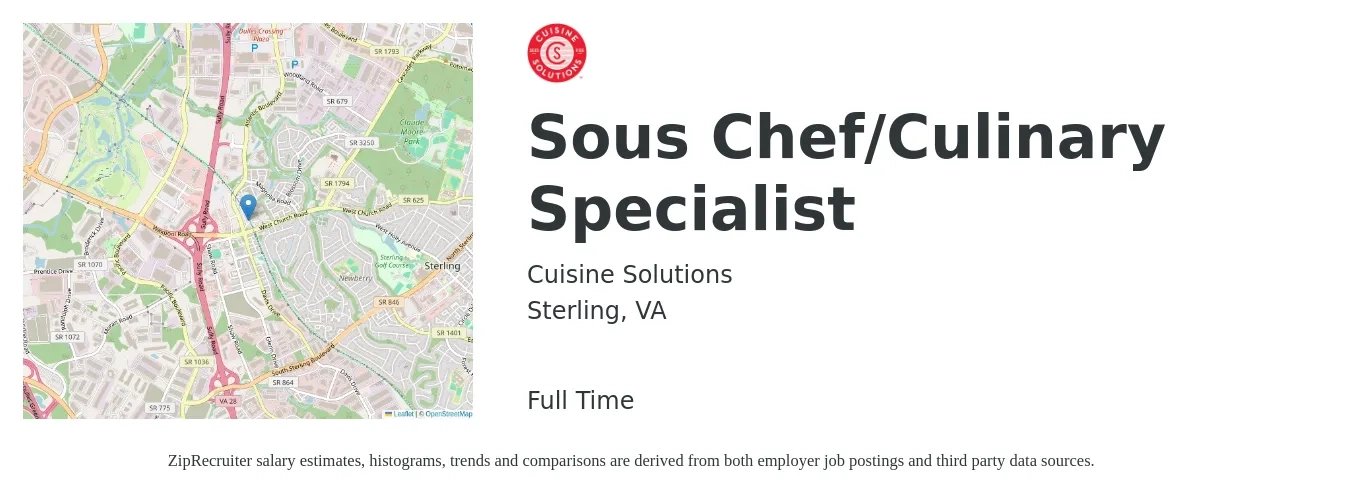 Cuisine Solutions job posting for a Sous Chef/Culinary Specialist in Sterling, VA with a salary of $50,500 to $68,200 Yearly with a map of Sterling location.