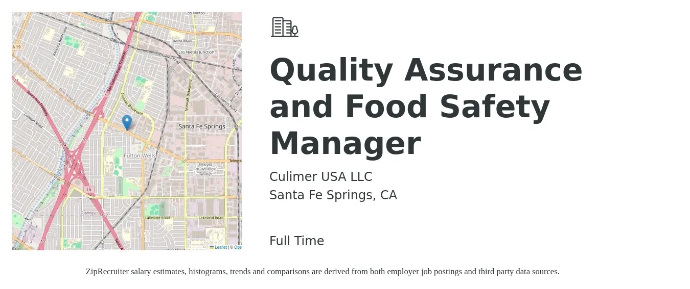 Culimer USA LLC job posting for a Quality Assurance and Food Safety Manager in Santa Fe Springs, CA with a salary of $84,100 to $146,300 Yearly with a map of Santa Fe Springs location.