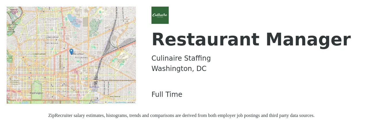 Culinaire Staffing job posting for a Restaurant Manager in Washington, DC with a salary of $50,800 to $71,600 Yearly with a map of Washington location.