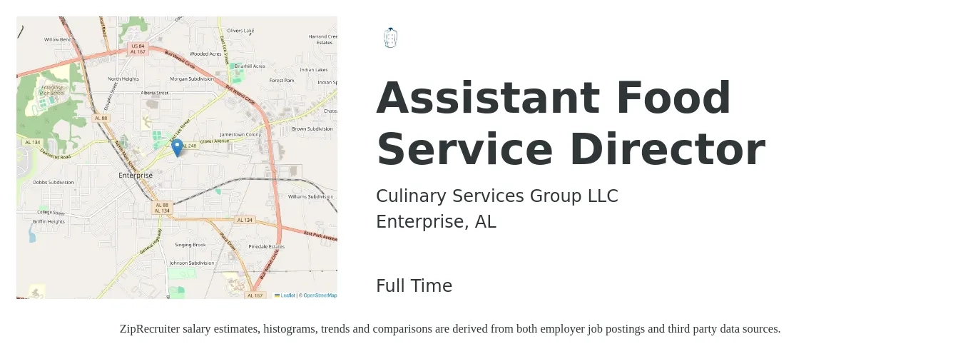 Culinary Services Group LLC job posting for a Assistant Food Service Director in Enterprise, AL with a salary of $55,000 to $60,000 Yearly with a map of Enterprise location.