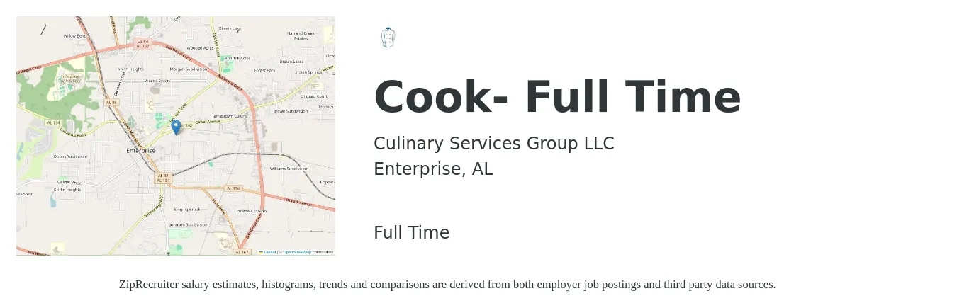 Culinary Services Group LLC job posting for a Cook- Full Time in Enterprise, AL with a salary of $11 to $15 Hourly with a map of Enterprise location.