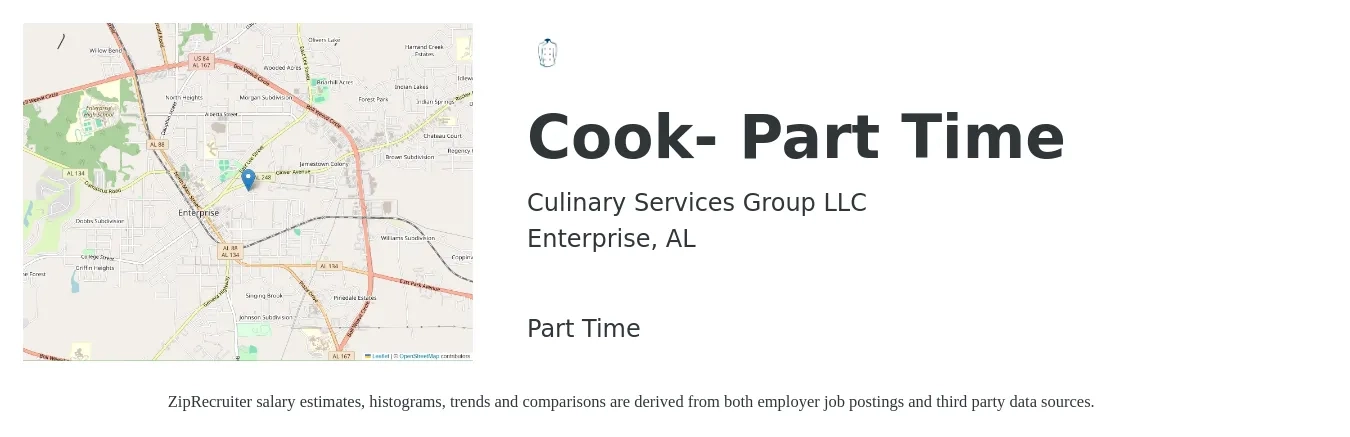Culinary Services Group LLC job posting for a Cook- Part Time in Enterprise, AL with a salary of $11 to $15 Hourly with a map of Enterprise location.