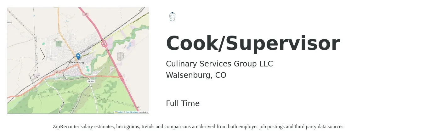 Culinary Services Group LLC job posting for a Cook/Supervisor in Walsenburg, CO with a salary of $23 to $32 Hourly with a map of Walsenburg location.