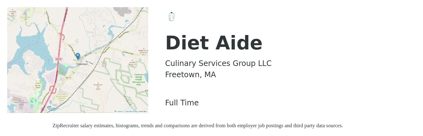 Culinary Services Group LLC job posting for a Diet Aide in Freetown, MA with a salary of $14 to $17 Hourly with a map of Freetown location.