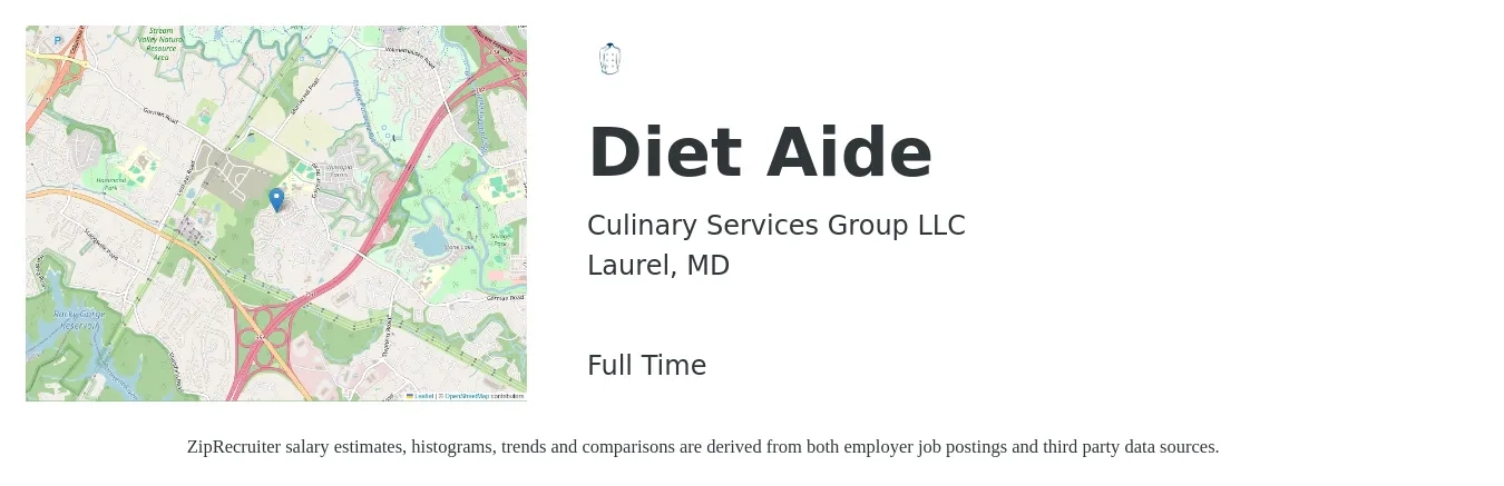 Culinary Services Group LLC job posting for a Diet Aide in Laurel, MD with a salary of $14 to $18 Hourly with a map of Laurel location.