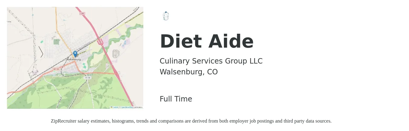 Culinary Services Group LLC job posting for a Diet Aide in Walsenburg, CO with a salary of $12 to $16 Hourly with a map of Walsenburg location.