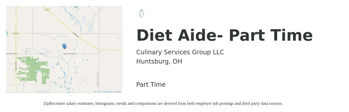 Culinary Services Group LLC job posting for a Diet Aide- Part Time in Huntsburg, OH with a salary of $12 to $14 Hourly with a map of Huntsburg location.
