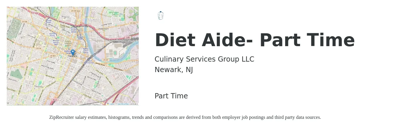 Culinary Services Group LLC job posting for a Diet Aide- Part Time in Newark, NJ with a salary of $14 to $18 Hourly with a map of Newark location.