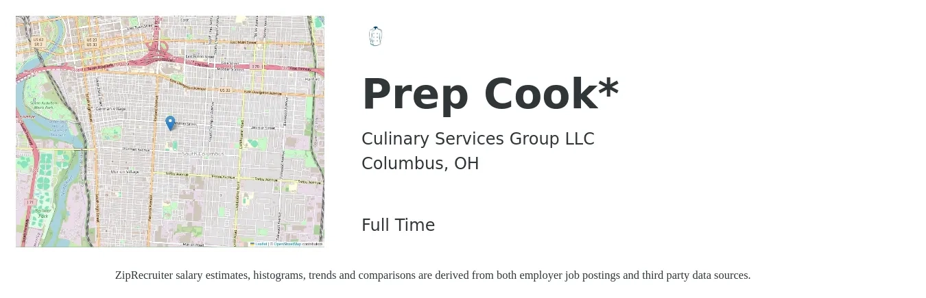 Culinary Services Group LLC job posting for a Prep Cook* in Columbus, OH with a salary of $14 to $17 Hourly with a map of Columbus location.