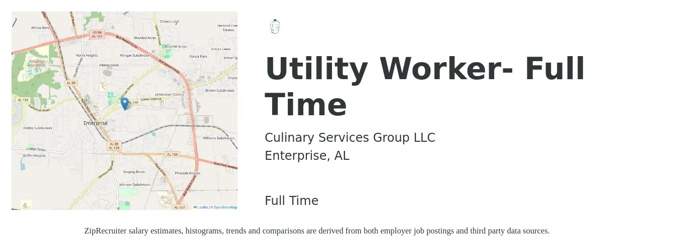 Culinary Services Group LLC job posting for a Utility Worker- Full Time in Enterprise, AL with a salary of $12 to $14 Hourly with a map of Enterprise location.