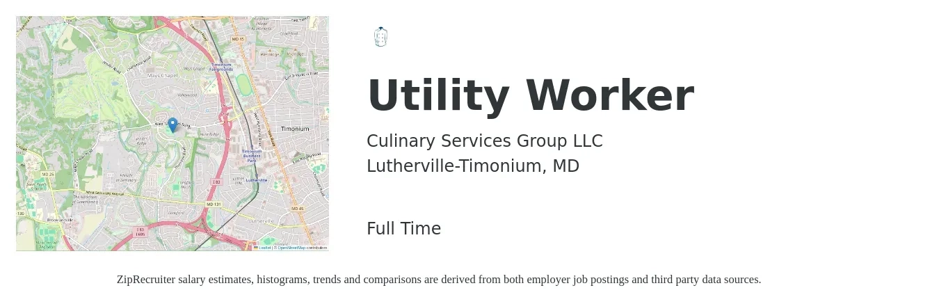 Culinary Services Group LLC job posting for a Utility Worker in Lutherville-Timonium, MD with a salary of $15 to $22 Hourly with a map of Lutherville-Timonium location.