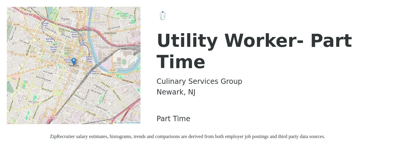 Culinary Services Group LLC job posting for a Utility Worker- Part Time in Newark, NJ with a salary of $16 to $19 Hourly with a map of Newark location.
