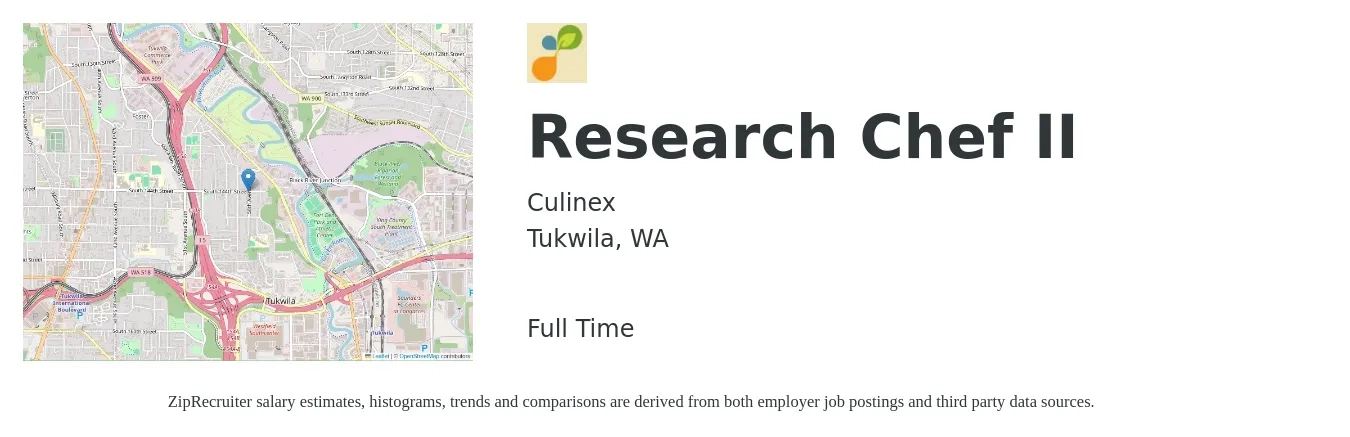 Culinex job posting for a Research Chef II in Tukwila, WA with a salary of $70,000 to $80,000 Yearly with a map of Tukwila location.