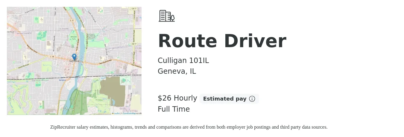 Culligan 101IL job posting for a Route Driver in Geneva, IL with a salary of $27 Hourly with a map of Geneva location.