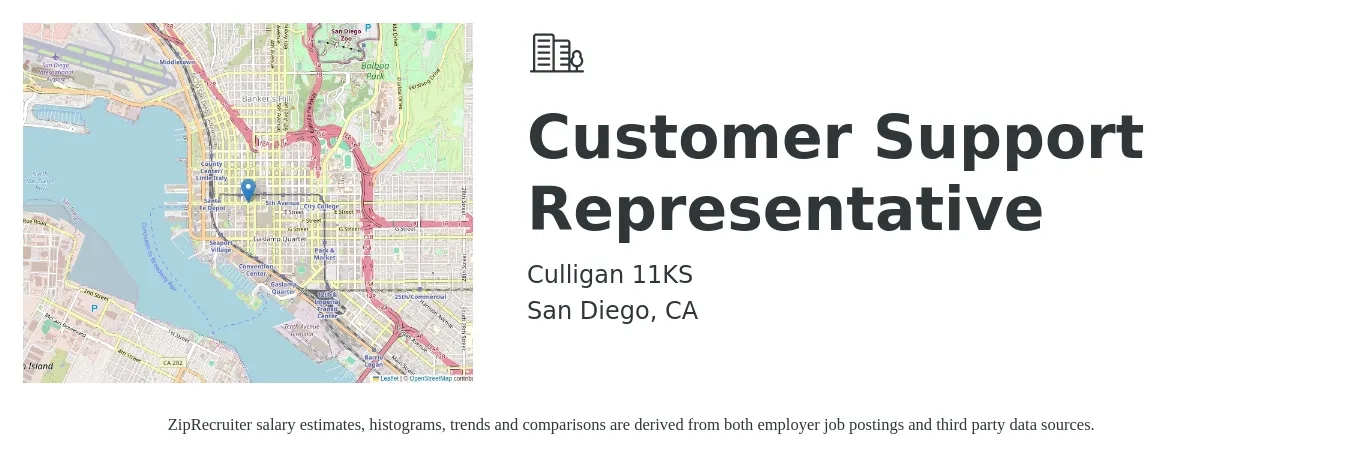 Culligan 11KS job posting for a Customer Support Representative in San Diego, CA with a salary of $17 to $23 Hourly with a map of San Diego location.