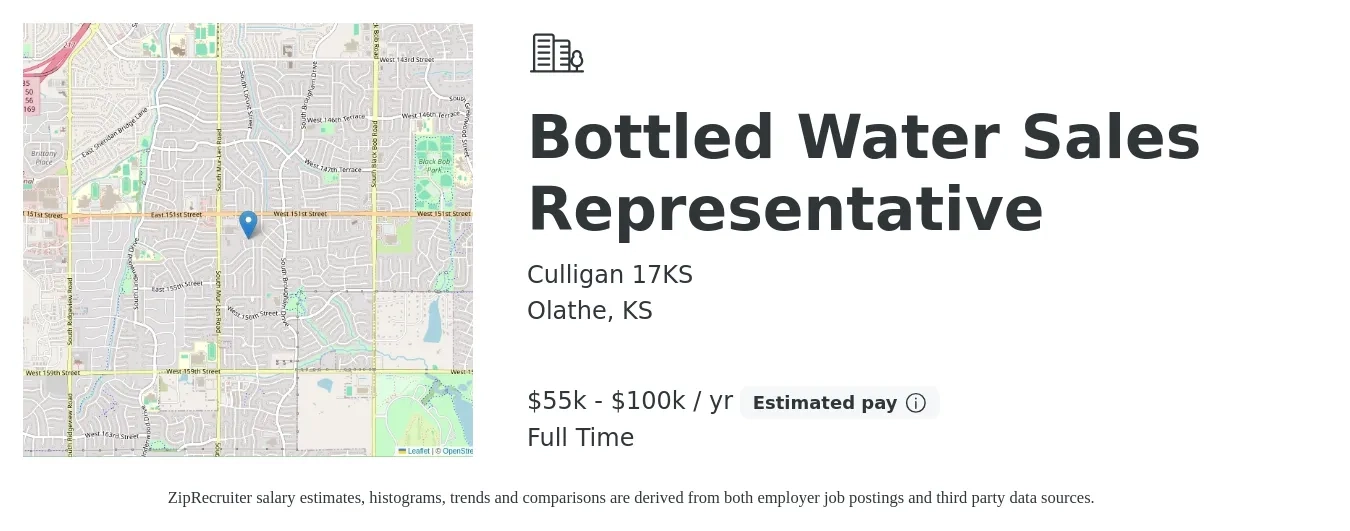 Culligan 17KS job posting for a Bottled Water Sales Representative in Olathe, KS with a salary of $55,000 to $100,000 Yearly with a map of Olathe location.