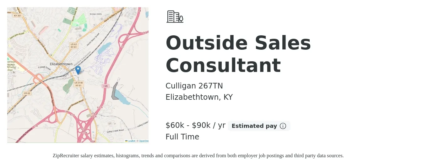 Culligan 267TN job posting for a Outside Sales Consultant in Elizabethtown, KY with a salary of $60,000 to $90,000 Yearly with a map of Elizabethtown location.