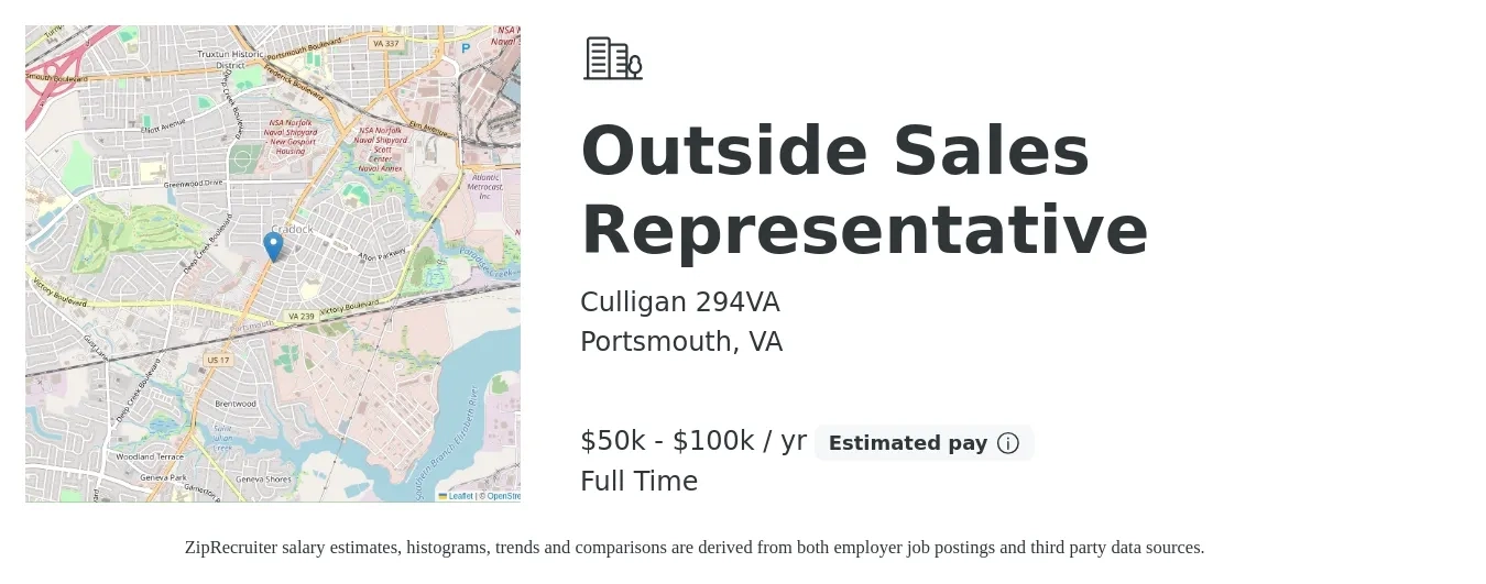 Culligan 294VA job posting for a Outside Sales Representative in Portsmouth, VA with a salary of $50,000 to $100,000 Yearly with a map of Portsmouth location.