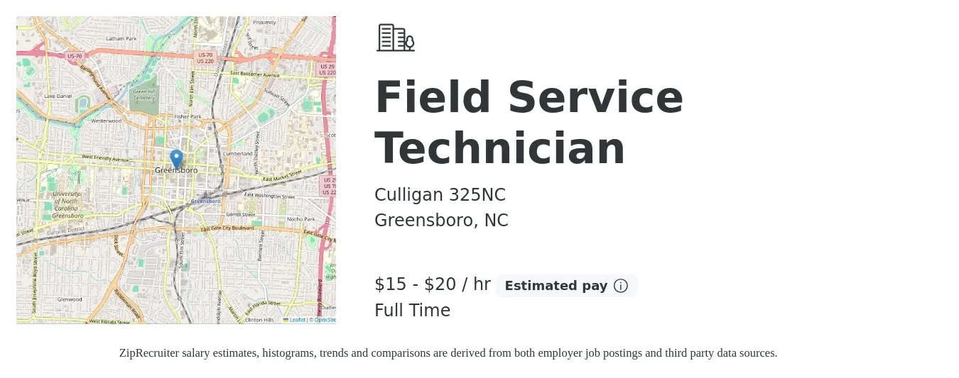 Culligan 325NC job posting for a Field Service Technician in Greensboro, NC with a salary of $16 to $21 Hourly with a map of Greensboro location.