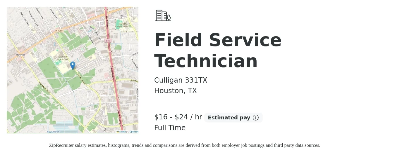 Culligan 331TX job posting for a Field Service Technician in Houston, TX with a salary of $17 to $25 Hourly with a map of Houston location.