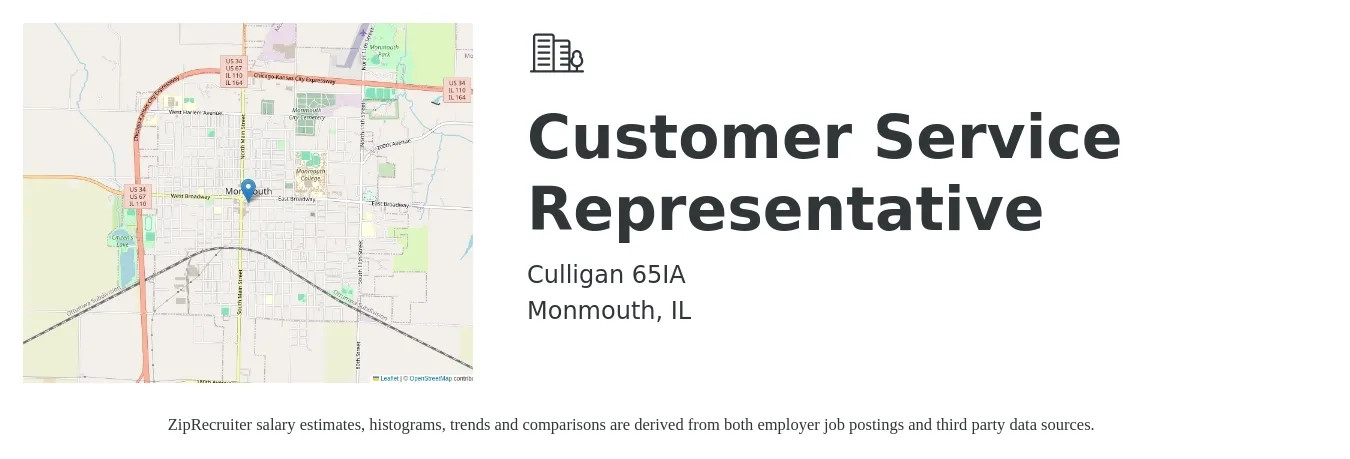 Culligan 65IA job posting for a Customer Service Representative in Monmouth, IL with a salary of $16 to $18 Hourly with a map of Monmouth location.