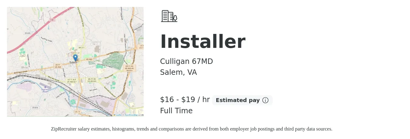 Culligan 67MD job posting for a Installer in Salem, VA with a salary of $17 to $20 Hourly with a map of Salem location.