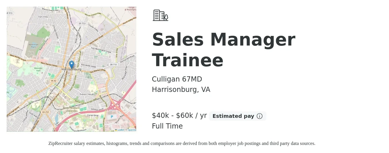 Culligan 67MD job posting for a Sales Manager Trainee in Harrisonburg, VA with a salary of $40,000 to $60,000 Yearly with a map of Harrisonburg location.