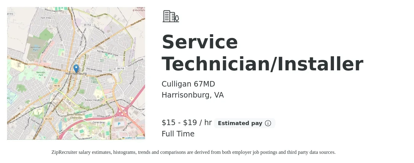 Culligan 67MD job posting for a Service Technician/Installer in Harrisonburg, VA with a salary of $16 to $20 Hourly with a map of Harrisonburg location.