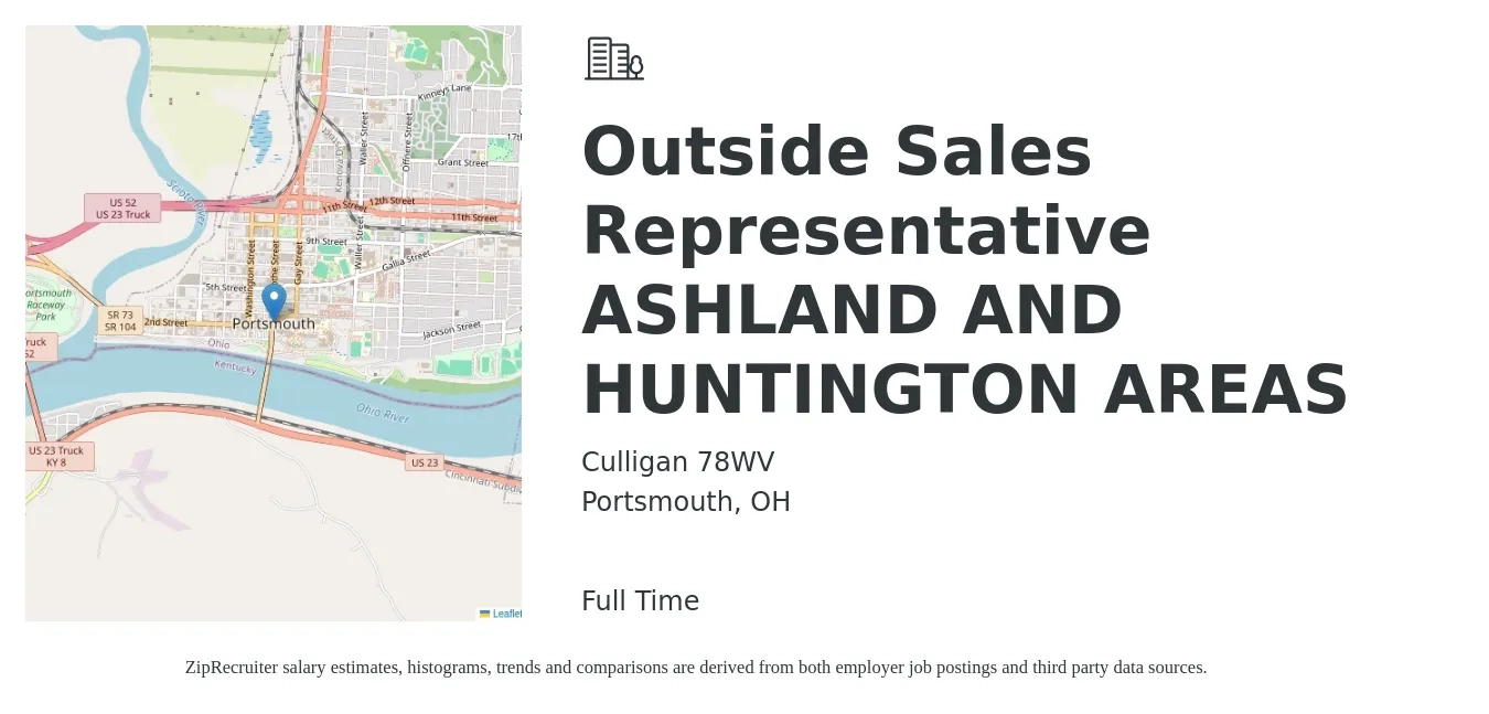 Culligan 78WV job posting for a Outside Sales Representative ASHLAND AND HUNTINGTON AREAS in Portsmouth, OH with a salary of $42,300 to $72,500 Yearly with a map of Portsmouth location.