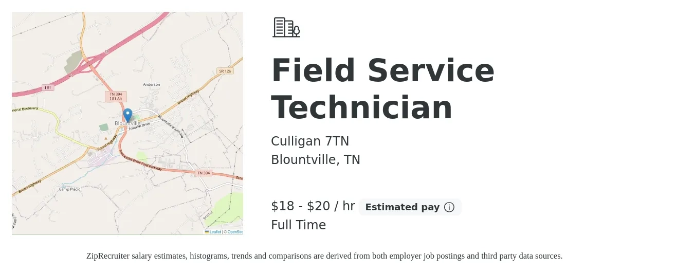 Culligan 7TN job posting for a Field Service Technician in Blountville, TN with a salary of $19 to $21 Hourly with a map of Blountville location.