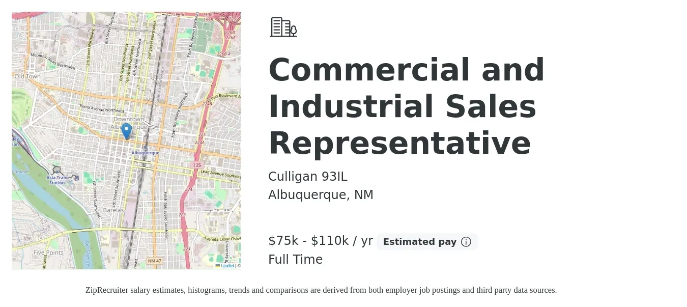 Culligan 93IL job posting for a Commercial and Industrial Sales Representative in Albuquerque, NM with a salary of $75,000 to $110,000 Yearly with a map of Albuquerque location.