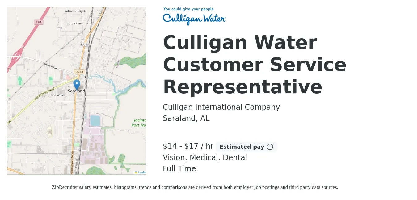 Culligan International Company job posting for a Culligan Water Customer Service Representative in Saraland, AL with a salary of $15 to $18 Hourly and benefits including retirement, vision, dental, life_insurance, medical, and pto with a map of Saraland location.