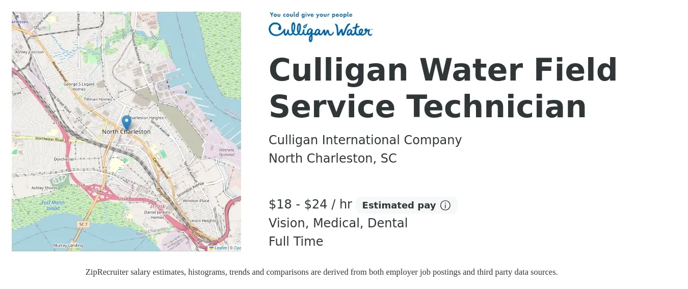 Culligan International Company job posting for a Culligan Water Field Service Technician in North Charleston, SC with a salary of $19 to $25 Hourly and benefits including dental, life_insurance, medical, pto, retirement, and vision with a map of North Charleston location.