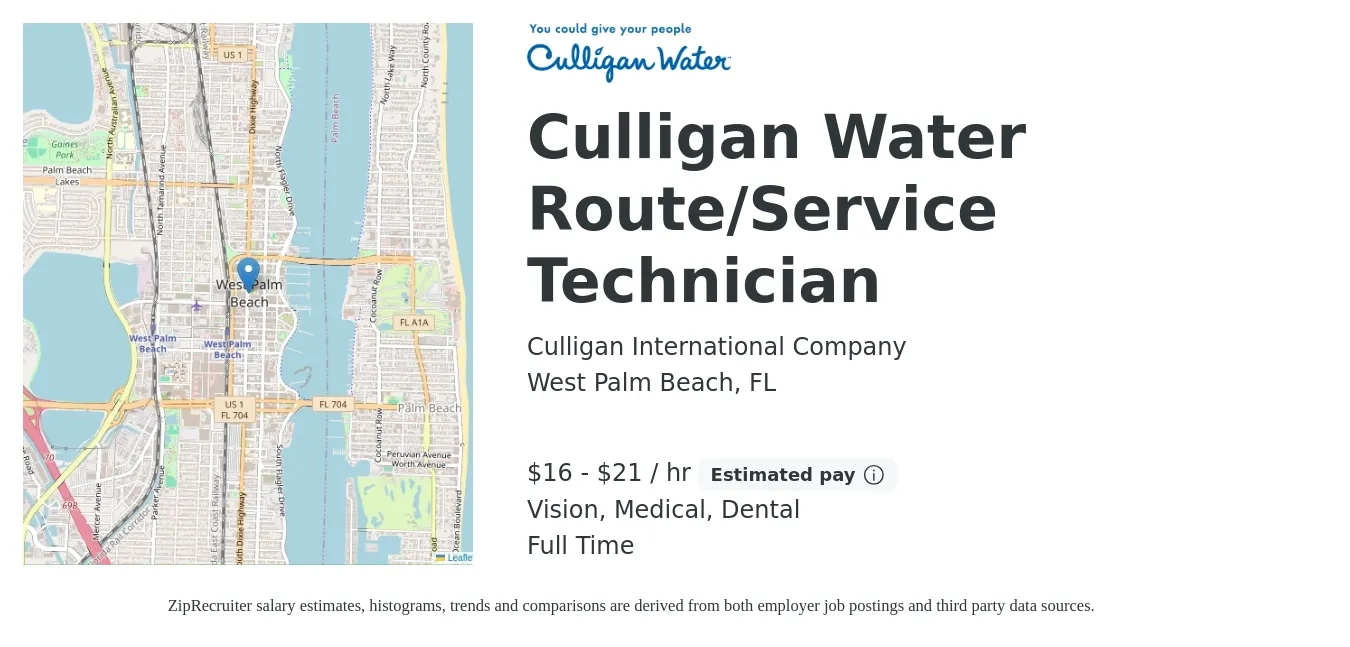 Culligan International Company job posting for a Culligan Water Route/Service Technician in West Palm Beach, FL with a salary of $17 to $22 Hourly and benefits including pto, retirement, vision, dental, and medical with a map of West Palm Beach location.