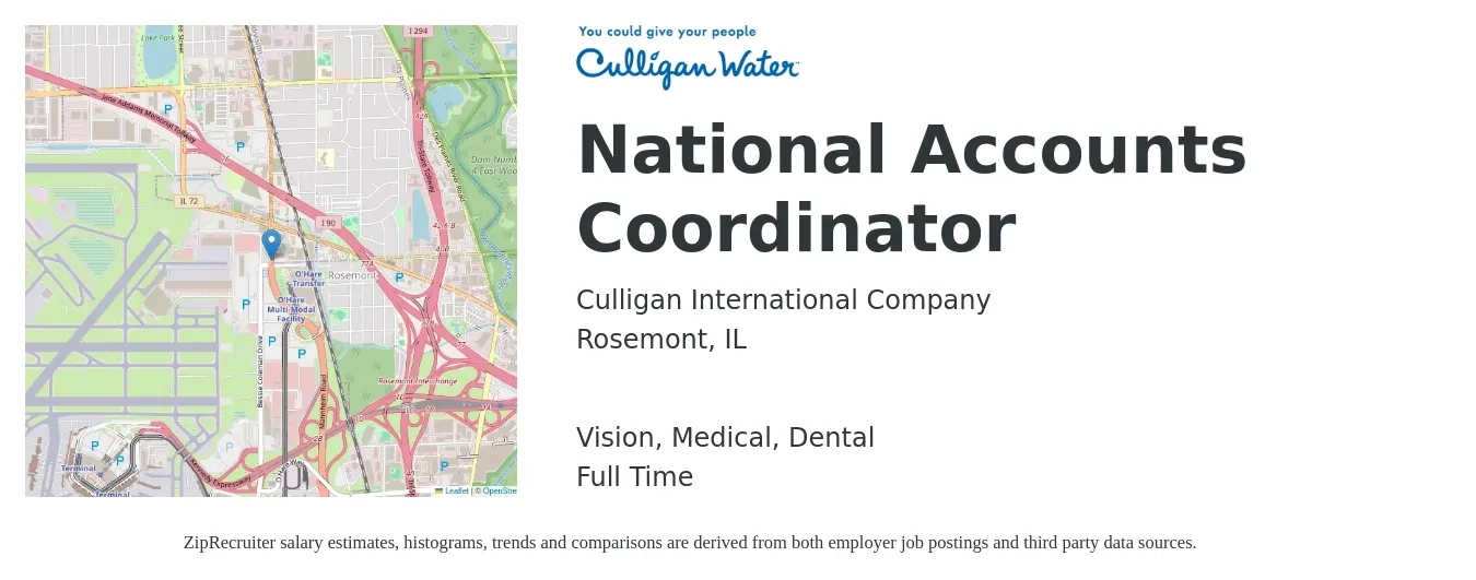 Culligan International Company job posting for a National Accounts Coordinator in Rosemont, IL with a salary of $20 to $26 Hourly and benefits including dental, life_insurance, medical, pto, retirement, and vision with a map of Rosemont location.