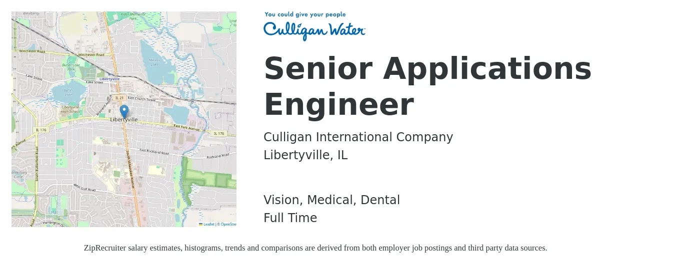 Culligan International Company job posting for a Senior Applications Engineer in Libertyville, IL with a salary of $105,000 to $140,500 Yearly and benefits including medical, pto, vision, and dental with a map of Libertyville location.