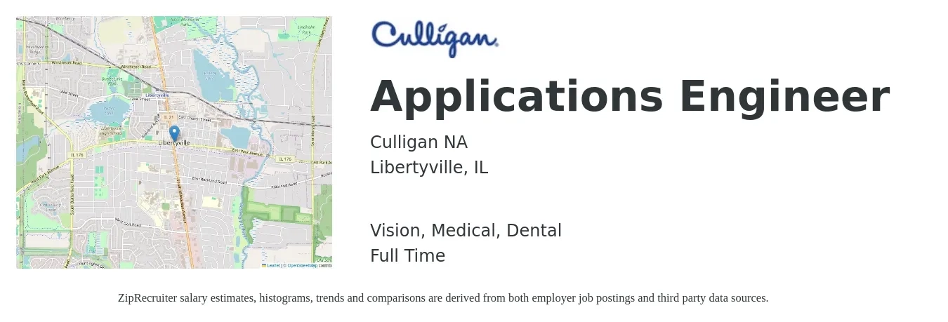 Culligan NA job posting for a Applications Engineer in Libertyville, IL with a salary of $81,700 to $131,200 Yearly and benefits including dental, life_insurance, medical, pto, retirement, and vision with a map of Libertyville location.