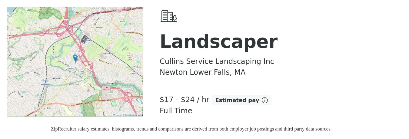 Cullins Service Landscaping Inc job posting for a Landscaper in Newton Lower Falls, MA with a salary of $18 to $25 Hourly with a map of Newton Lower Falls location.