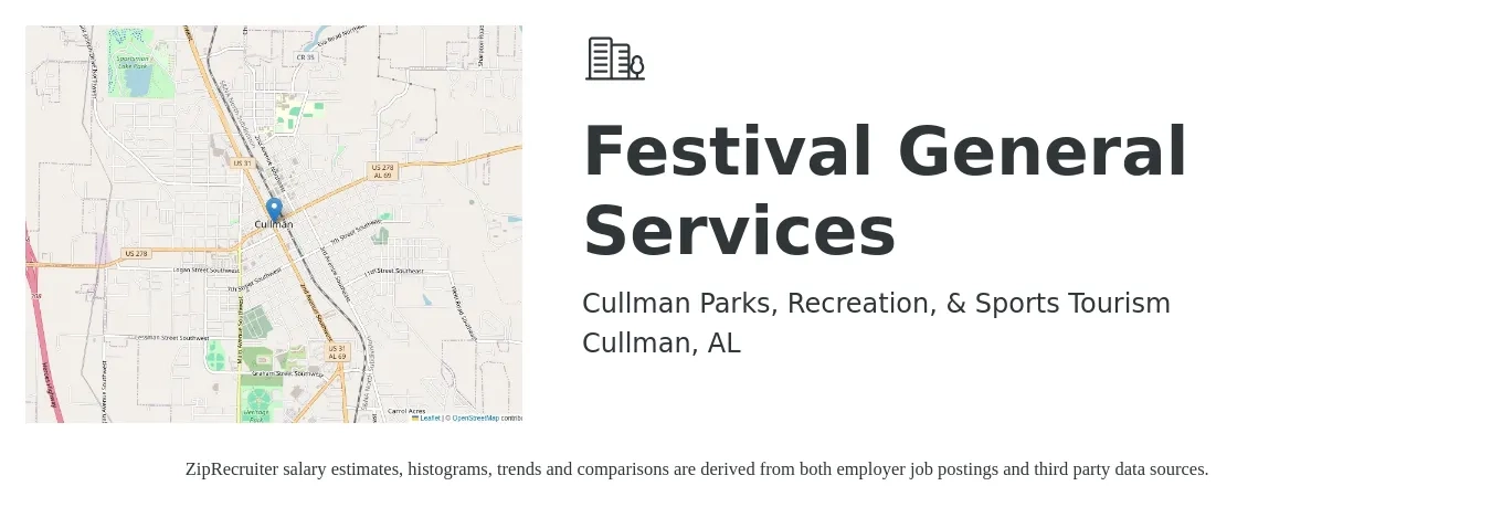 Cullman Parks, Recreation, & Sports Tourism job posting for a Festival General Services in Cullman, AL with a salary of $14 to $37 Hourly with a map of Cullman location.