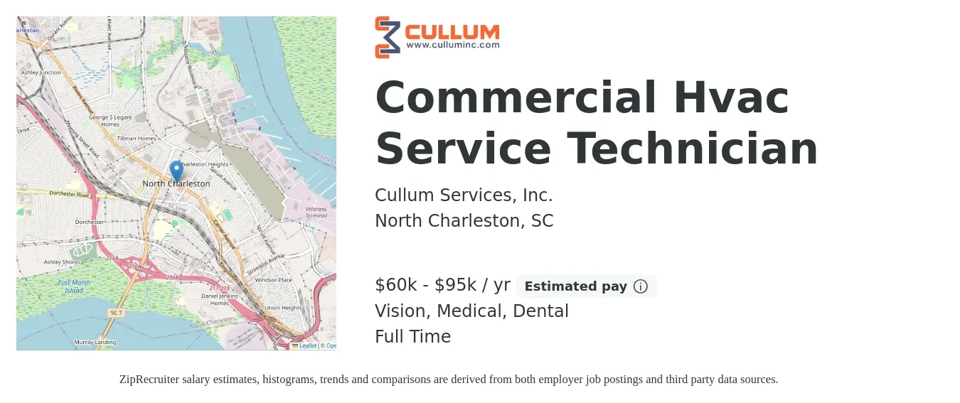 Cullum Services, Inc. job posting for a Commercial Hvac Service Technician in North Charleston, SC with a salary of $60,000 to $95,000 Yearly and benefits including retirement, vision, dental, life_insurance, and medical with a map of North Charleston location.