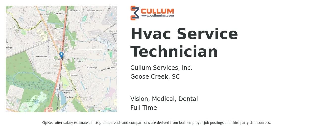 Cullum Services, Inc. job posting for a Hvac Service Technician in Goose Creek, SC with a salary of $23 to $32 Hourly and benefits including vision, dental, life_insurance, medical, and retirement with a map of Goose Creek location.